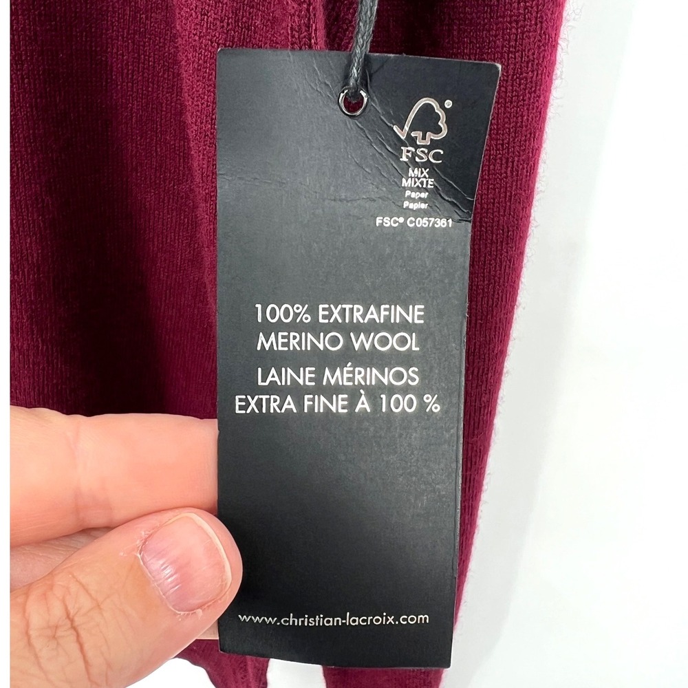 Christian Lacroix Large 100% Extrafine Merino Wool Burgundy Quarter Zip Sweater - Picture 6 of 10